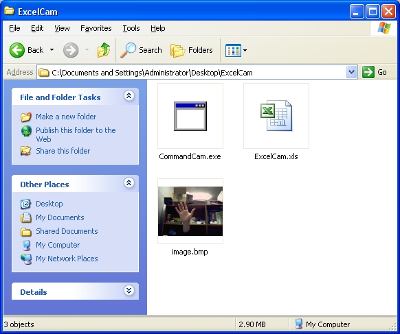 Screenshot of files in ExcelCam folder